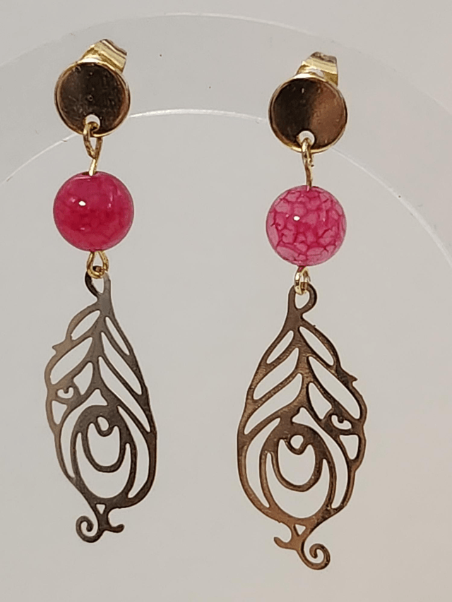 Boucle d’oreille agate de feu et plume doré 